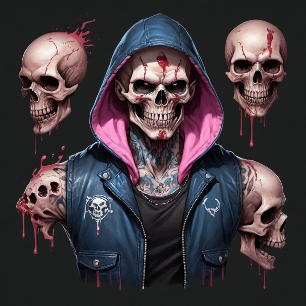 Prompt: Character design sheet skullhead reaper man blue-pink hoodies,  black leather vest with  blood splashs, skull tattoos, music tatoos