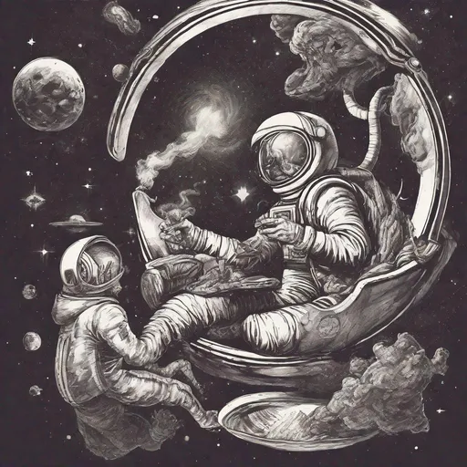 Prompt: Satan chilling in space with astronaut smoking a blunt