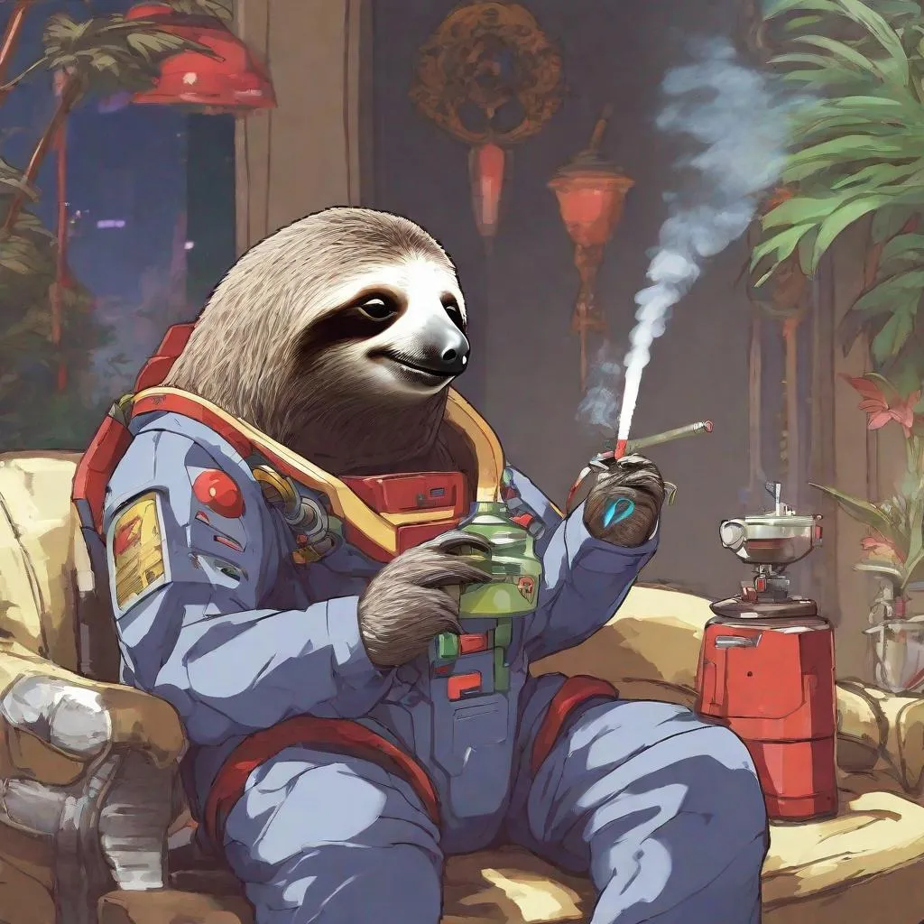 Prompt: A sloth smoking hookah with a gundam