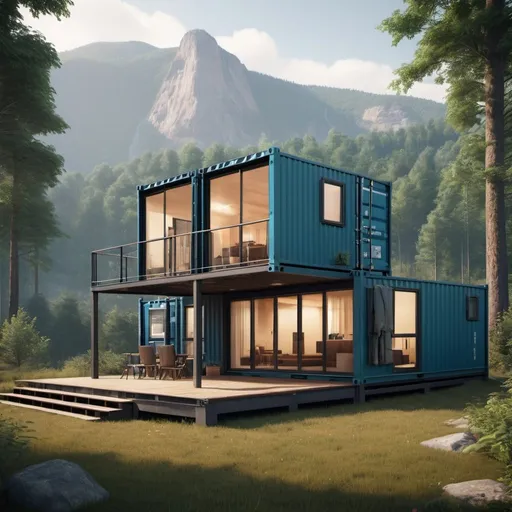 Prompt: Realistic modular house made of shipping containers, high-tech style, forest backdrop, mountains in the distance, detailed architectural design, professional rendering, high quality, realistic lighting, natural color tones, detailed interior, spacious layout, modern aesthetic, contemporary architecture, mountainous landscape, forest scenery, professional 3D rendering, photorealistic, detailed textures, expert craftsmanship, picturesque views, scenic environment