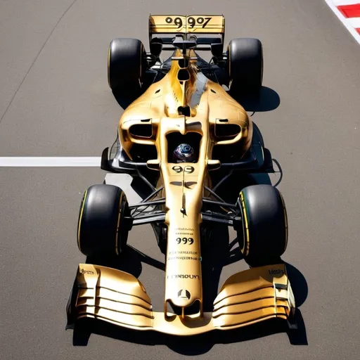 Prompt: F1 car with the color gold and black with the number 99