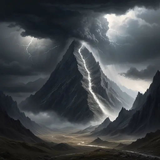 Prompt: A large and majestic mountain, depicted in a dramatic landscape with a dark and stormy sky. The mountain is visibly cracked and splitting as if struck by immense force. The scene should evoke a sense of awe and fear, illustrating the concept of a mountain humbled and torn apart from the divine power of Allah. The atmosphere is intense and somber, with heavy clouds and faint rays of light breaking through, emphasizing the mountain's fragility against the backdrop of a powerful and transcendent force. super realistic. 8k.