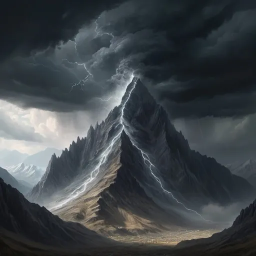 Prompt: A large and majestic mountain, depicted in a dramatic landscape with a dark and stormy sky. The mountain is visibly cracked and splitting as if struck by immense force. The scene should evoke a sense of awe and fear, illustrating the concept of a mountain humbled and torn apart from the divine power of Allah. The atmosphere is intense and somber, with heavy clouds and faint rays of light breaking through, emphasizing the mountain's fragility against the backdrop of a powerful and transcendent force. super realistic. 8k.