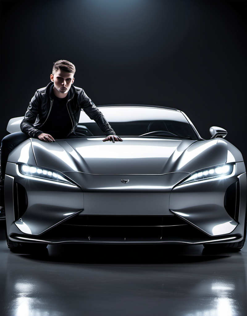 Prompt: Sports car, glossy metallic finish, lights reflecting on the car, dynamic and sleek design, high quality, dynamic design person sitting on a car