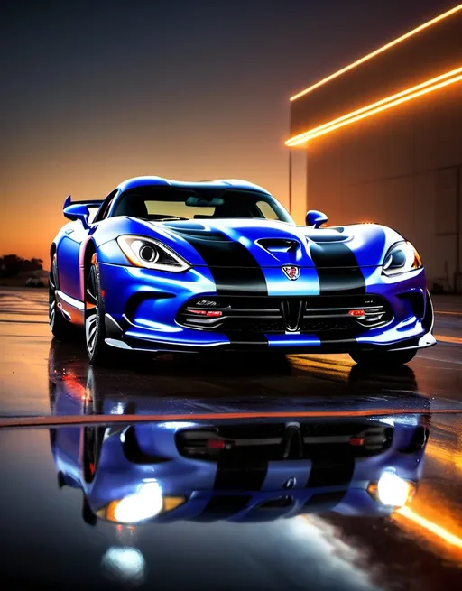 Prompt: Dodge  viper
finish, lights reflecting on the car, dynamic and sleek design, high quality, dynamic design person sitting on a car