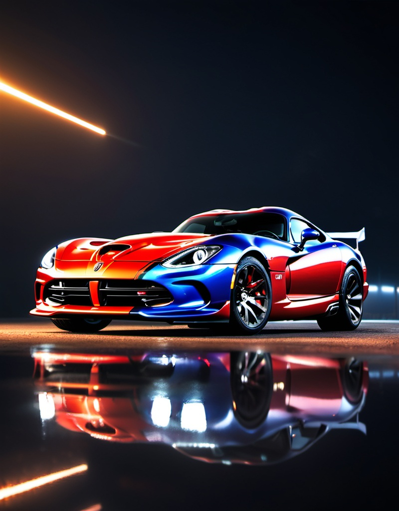 Prompt: Dodge  viper
finish, lights reflecting on the car, dynamic and sleek design, high quality, dynamic design person sitting on a car