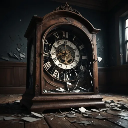 Prompt: (smashed clock), dark room, shattered glass, ominous atmosphere, dramatic shadows, gloomy, dimly lit, deep contrast, muted colors, grungy textures, eerie ambiance, broken pieces scattered, haunting, focus on broken clock face, intricate clock details, vintage design, old wooden floor, cracked walls, 4K, ultra-detailed, high definition, photorealistic.