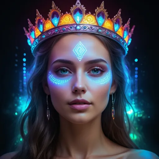 Prompt: (mystical woman portrait), (detailed glowing crown), (luminous iridescent face patterns), vibrant neon lights, dreamlike futuristic atmosphere, ethereal glow, high contrast, enchanting ambiance, ultra-detailed, evocative colors, inspiring emotional depth, soft luminescence in facial details, serene expression, magical ambiance, surrealistic elements, captivating visuals.