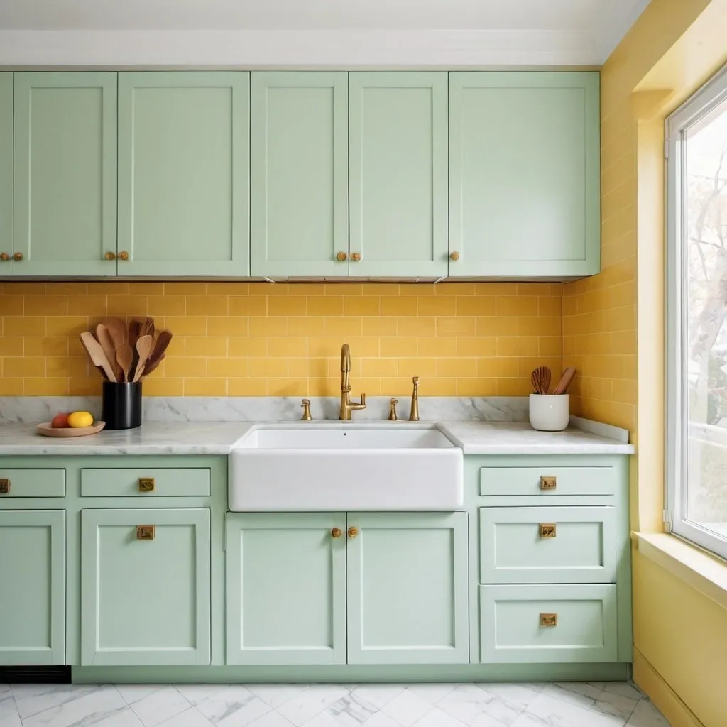 Prompt: A photo of a kitchen with white marble counter  and below it are light mint green cabinets and above the marble counter on the walls are for rows of yellow square tiles