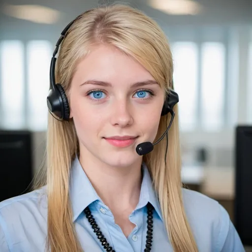 Prompt: blonde blue eyed young woman with  call center attire