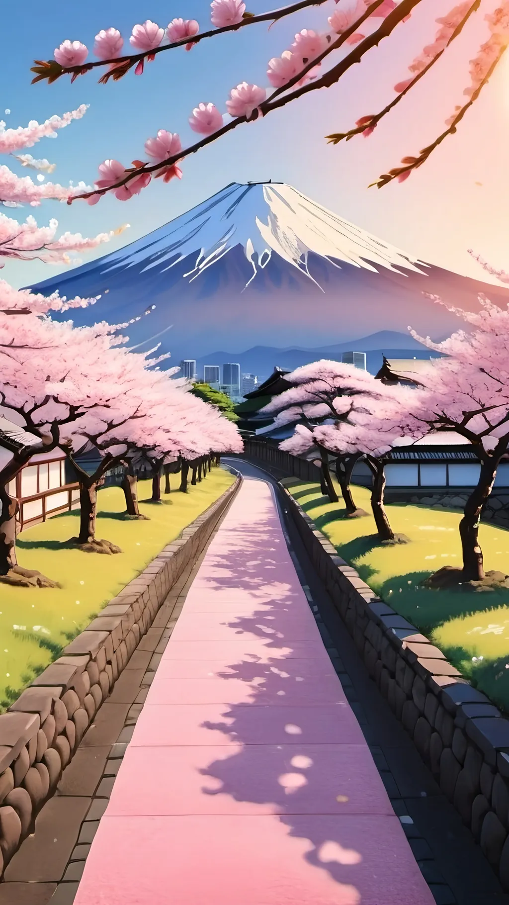 Prompt: Japan in spring in super detail,anime, cartoon reality, no people, big path to the Mount Fuji, sakura blossom at the side, warm light, sunset time, a bit pinky filter