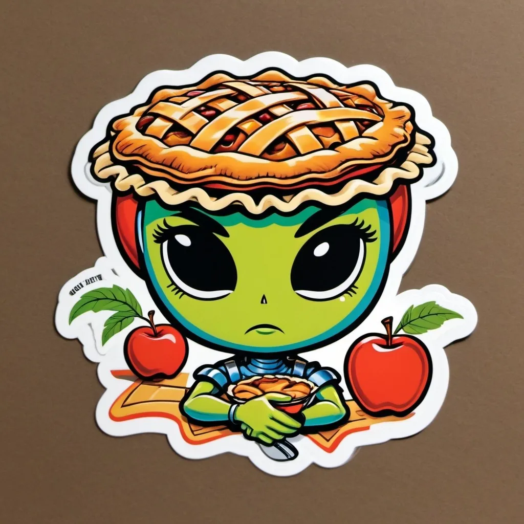 Prompt: Die cut sticker, Jack Kirby style alien apple pie
