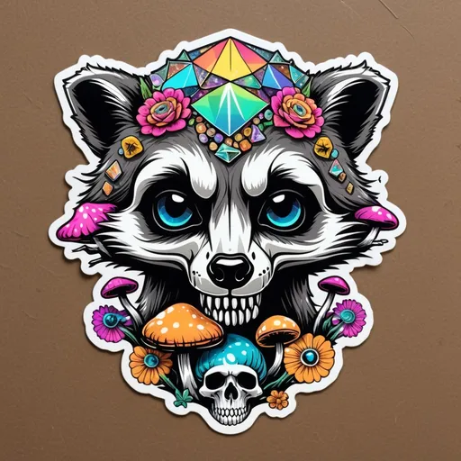 Prompt: Die cut sticker 
Psychedelic decomposing raccoon skull covered in crystals and mushrooms