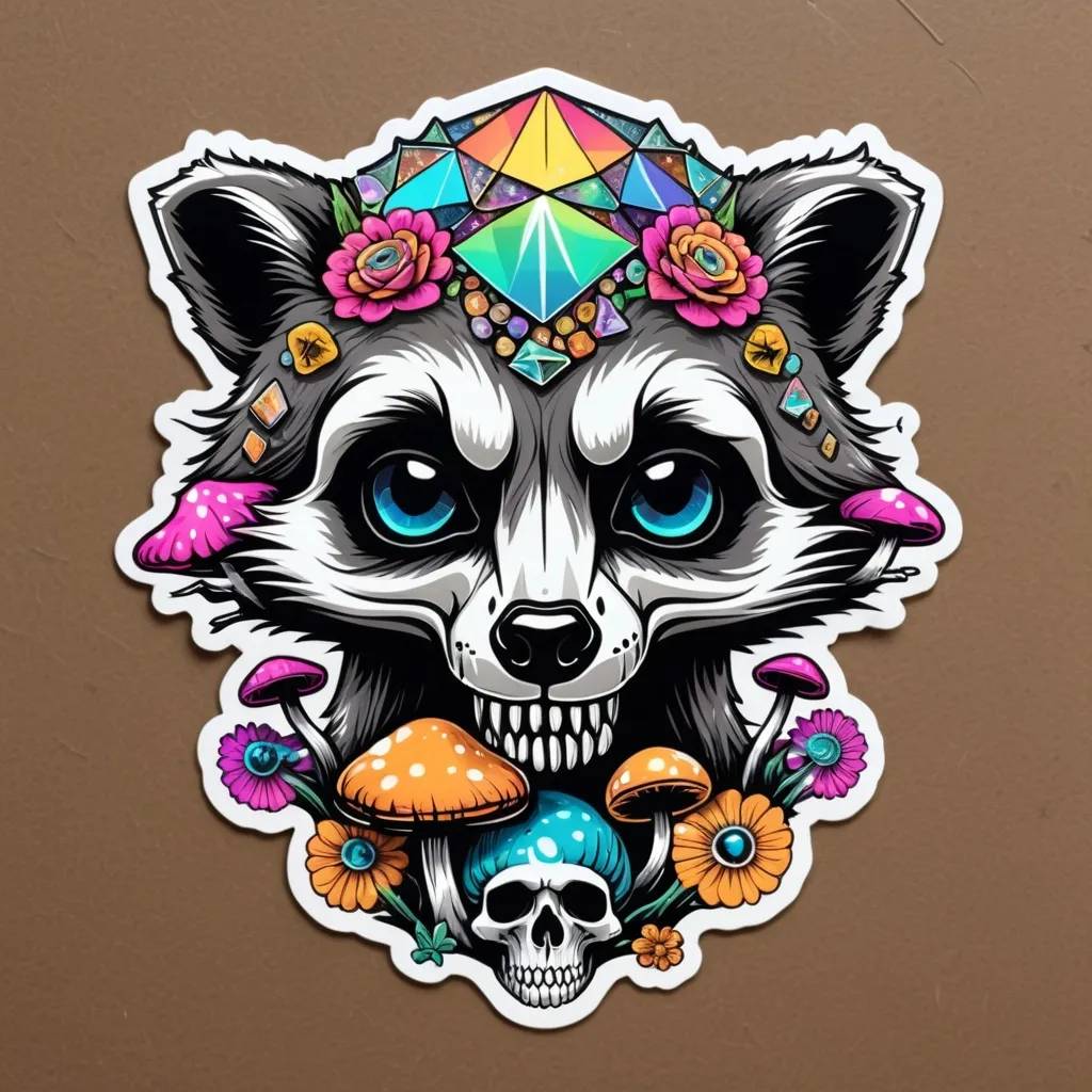 Prompt: Die cut sticker 
Psychedelic decomposing raccoon skull covered in crystals and mushrooms