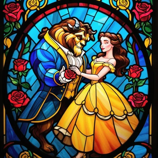 Prompt: Illustrate a sticker template 
Of beauty and the beast dancing between their iconic Rose