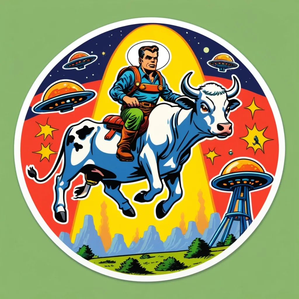 Prompt: In the style of Jack Kirby, In a sticker template. Give me a cow being abducted by aliens