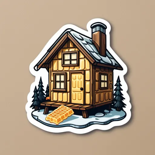 Prompt: Illustrated sticker design, of a small cabin in the woods made of waffles covered in syrup and butter.