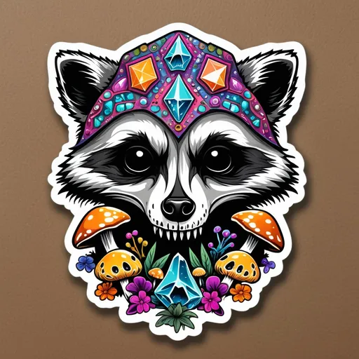 Prompt: Die cut sticker 
Psychedelic decomposing raccoon skull covered in crystals and mushrooms