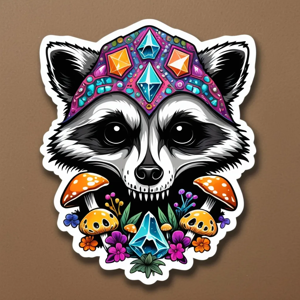 Prompt: Die cut sticker 
Psychedelic decomposing raccoon skull covered in crystals and mushrooms