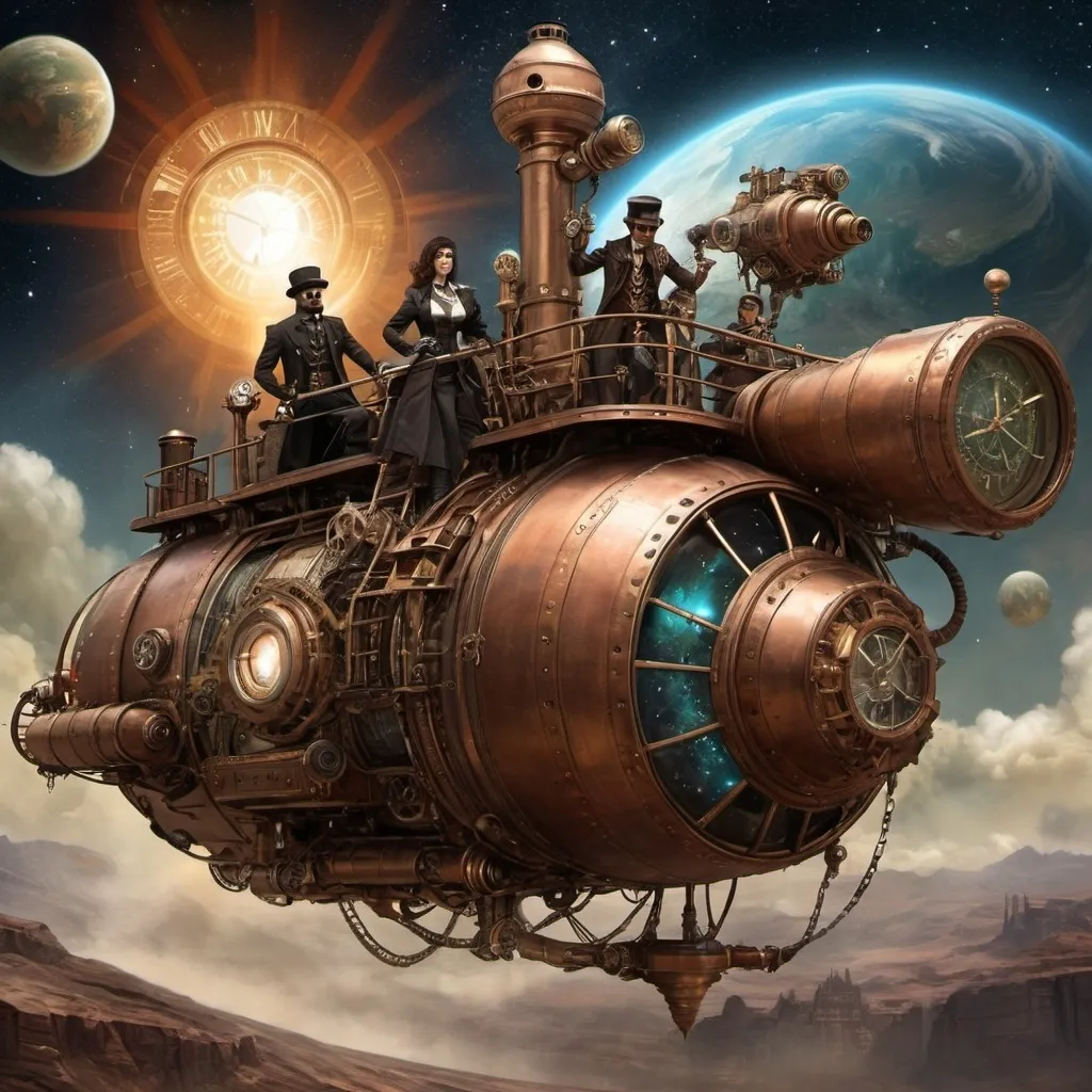 Prompt: steampunk art travelers in the universe coming to the rescue of earth three