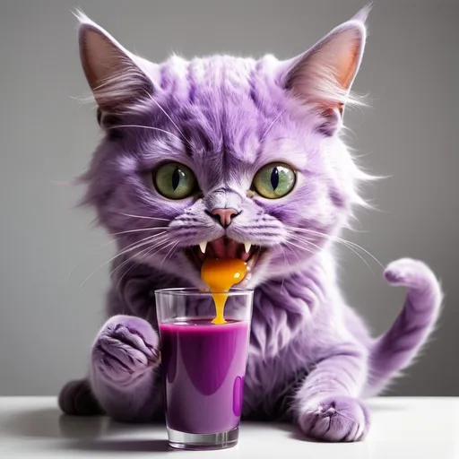 Prompt: A purple cat eat juice