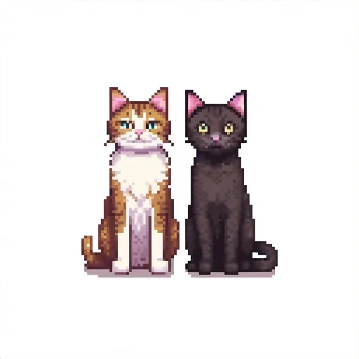 Prompt: a cute happy black cat with white fur on paws and a same-sized cute happy tabby cat, flat shading, minimalist