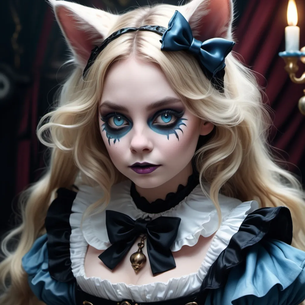 Prompt: <mymodel> (Alice in Wonderland theme) Cheshire, kitten ears, young female, big blonde hair, cat mother, Victorian clothing, volcanic, mythical, piercings .UHD, 4k,intricately detailed, deep colors, high contrast (UHD, 4k,intricately detailed, deep colors, high contrast)