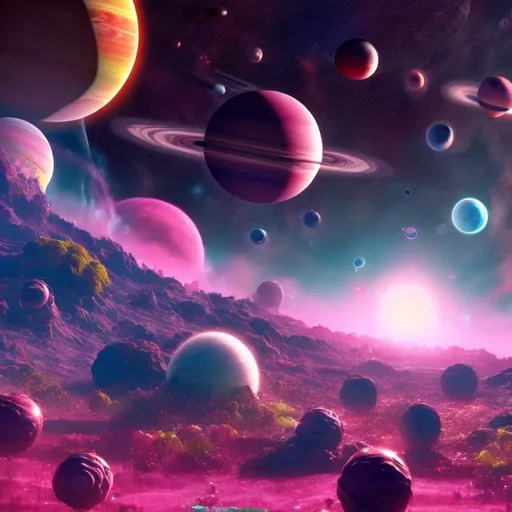 Prompt: a space landscape with planet pink planets and roses in a planr and other planets is bing destroyed around the oink planet traying to protect it




