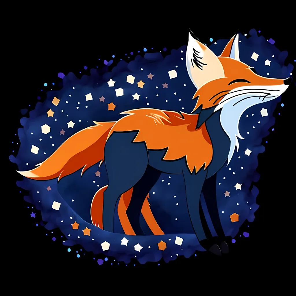 Prompt: A 2D fox made of stars against a navy blue background