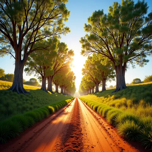 Prompt: (dirt road), (walking scene), vibrant acacia and jacaranda trees lining the path, warm golden lighting, clear blue sky, sun rays filtering through leaves, inviting and tranquil atmosphere, soft shadows cast on the ground, lush greenery, nature’s beauty, high detail, 4K quality, serene landscape.