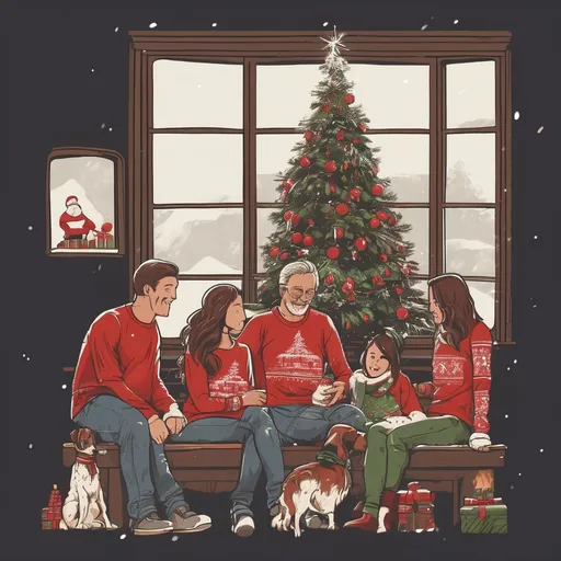 Prompt: all family members sitting around x mass tree,wearing this pictured t shirt,weather is snowy,sante is at the window,there is fireplace near the x mass tree