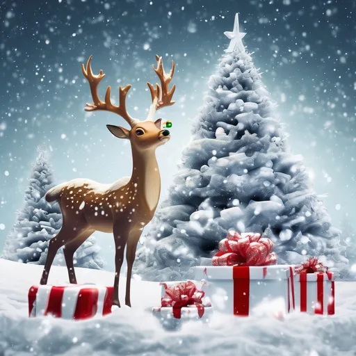 Prompt: create me an image snow with x-mas tree,santa deer around it,presents under it