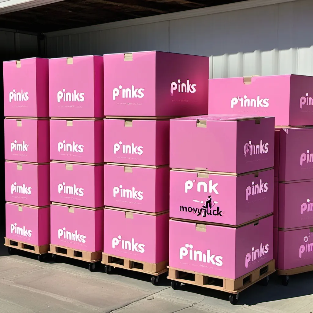 Prompt: Fleet of Pink moving box rucks with pinks moving & storage logo