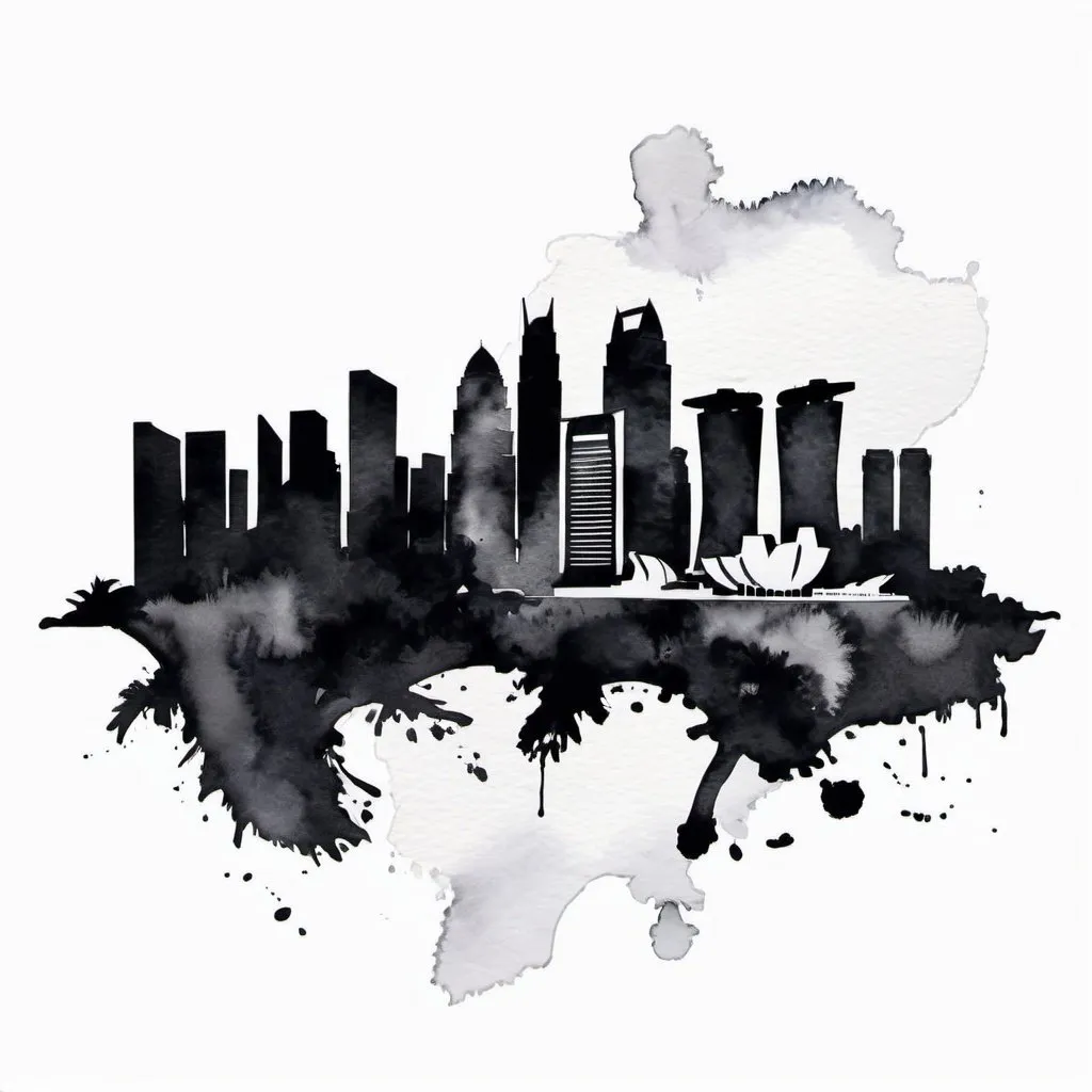 Prompt: black and white watercolour in shape of singapore