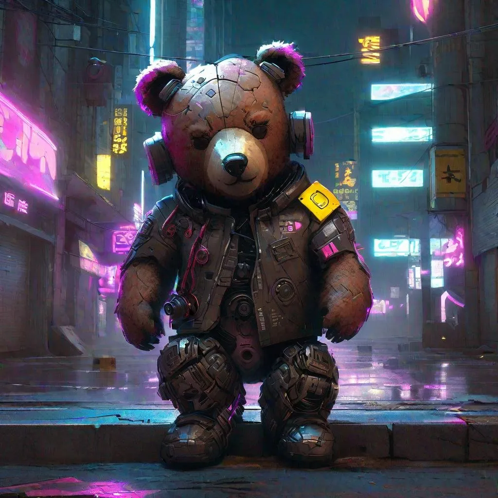 Prompt: teddy bear in a cyberpunk city, cyberpunk, artstation, award winning, 