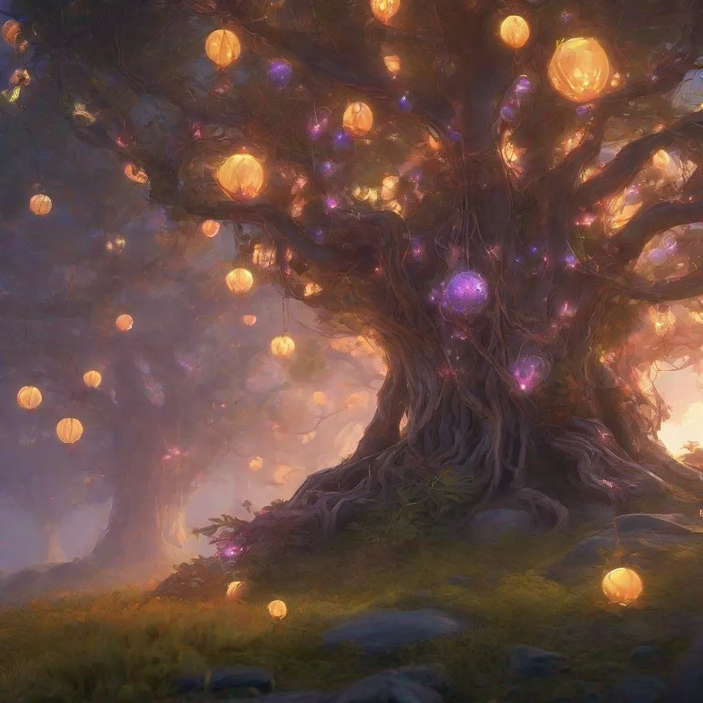 Prompt: metallic trees with glowing fruit, focus on tree, close shot, fantasy, magic the gathering, dungeons and dragons, award winning, artstation, trending on artstation,  