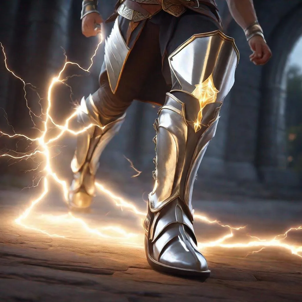 Prompt: running legs wearing glowing magical silver armor greaves boots shooting lightning, lightning bolts, electricity, sparks, greaves, leg armor, focus on boots, lightning, medieval,  magic the gathering, dungeons and dragons, fantasy, award winning, artstation, stylized,  