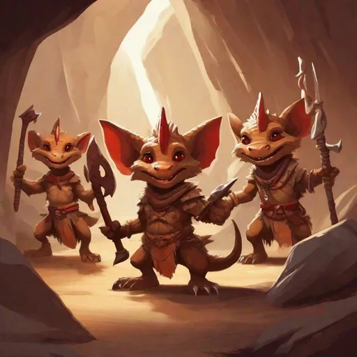 Prompt: tribe of small cute scrawny kobolds waving primitive weapons in cave, ragged clothes, with scaled brown skin, long clawed fingers, crocodile jaws, small horns, red eyes, dungeons and dragons, award winning, artstation, fantasy art, stylized,