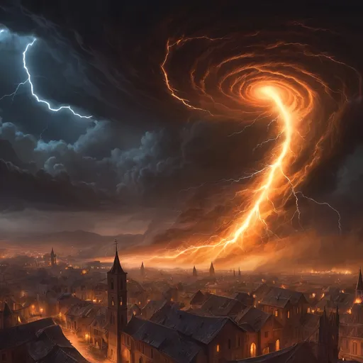Prompt: dark tornado with lightning above medieval city at night, massive orange glowing cyclone filling the image, hurricane, storm, thunder, magic the gathering, fantasy art, artstation, award winning, 