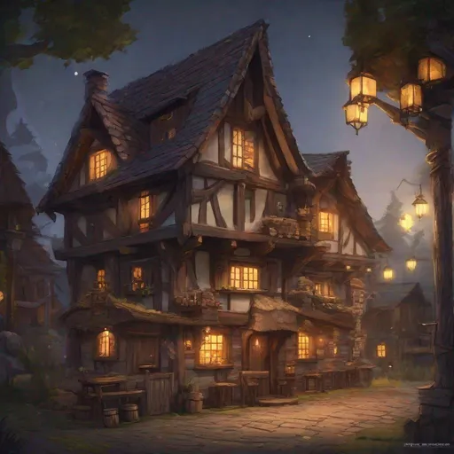 Prompt: pub in a village at night,  wooden, messy, dungeons and dragons, award winning, artstation, fantasy art, stylized,