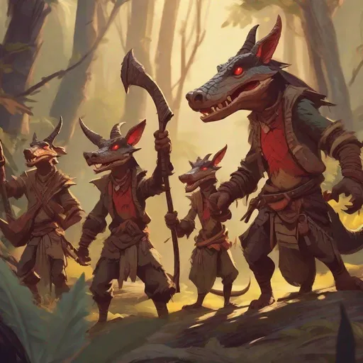 Prompt: tribe of small scrawny kobolds waving primitive weapons in forest, ragged clothes, with scaled brown skin, long clawed fingers, crocodile jaws, small horns, red eyes, dungeons and dragons, award winning, artstation, stylized,  