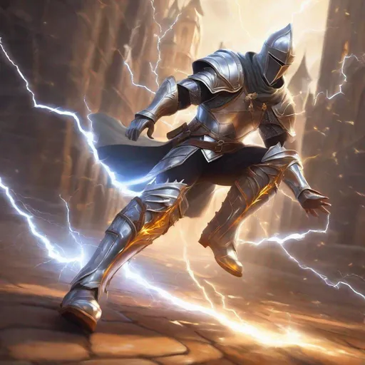 Prompt: running legs wearing glowing magical silver armor greaves boots shooting lightning, lightning bolts, electricity, sparks, greaves, leg armor, focus on boots, lightning, medieval,  magic the gathering, dungeons and dragons, fantasy, award winning, artstation, stylized,  