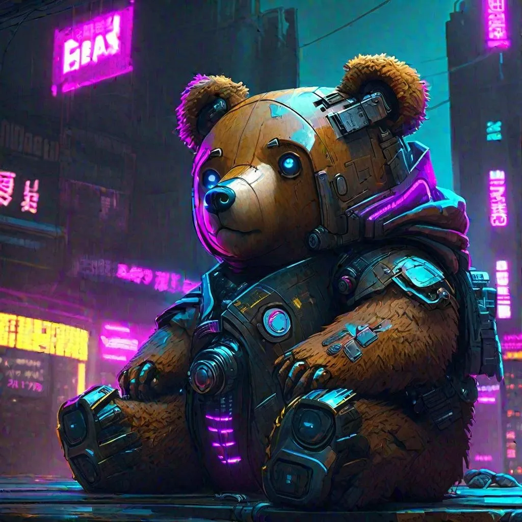 Prompt: teddy bear in a cyberpunk city, cyberpunk, artstation, award winning, 