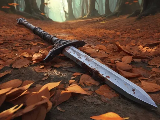 Prompt: sword covered in rust on the ground buried in rotting leaves, somber, peaceful, magic the gathering, fantasy art , artstation, award winning, stylized