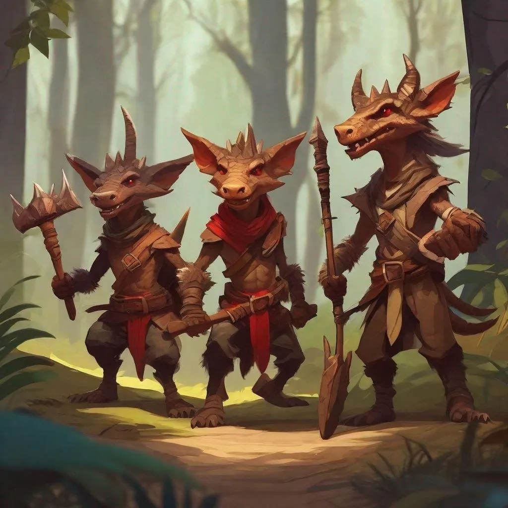 Prompt: tribe of small scrawny kobolds waving primitive weapons in forest, ragged clothes, with scaled brown skin, long clawed fingers, crocodile jaws, small horns, red eyes, dungeons and dragons, award winning, artstation, stylized,  