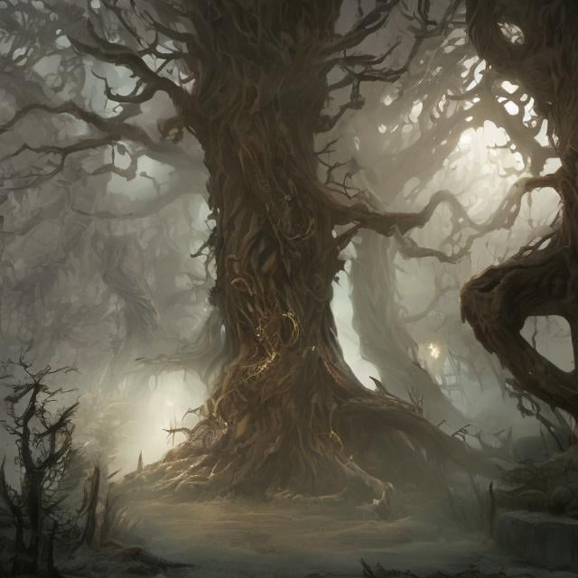 Prompt: dark spooky magical forest, gnarled trees, dungeons and dragons, award winning, artstation, fantasy art, stylized, 