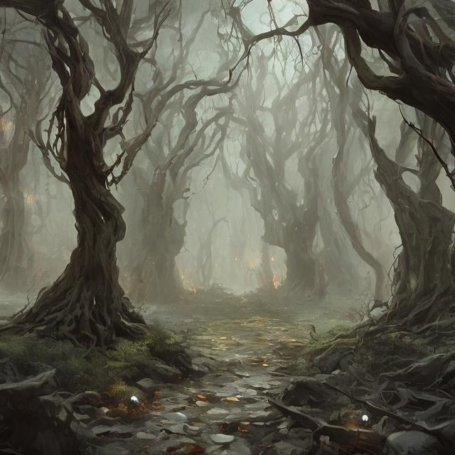 Prompt: dark spooky magical forest, gnarled trees, dungeons and dragons, award winning, artstation, fantasy art, stylized, 