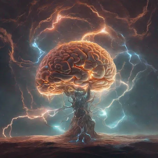 Prompt: bright glowing brain floating in space, lightning, magic the gathering, dungeons and dragons, stylized, fantasy, award winning, artstation, 