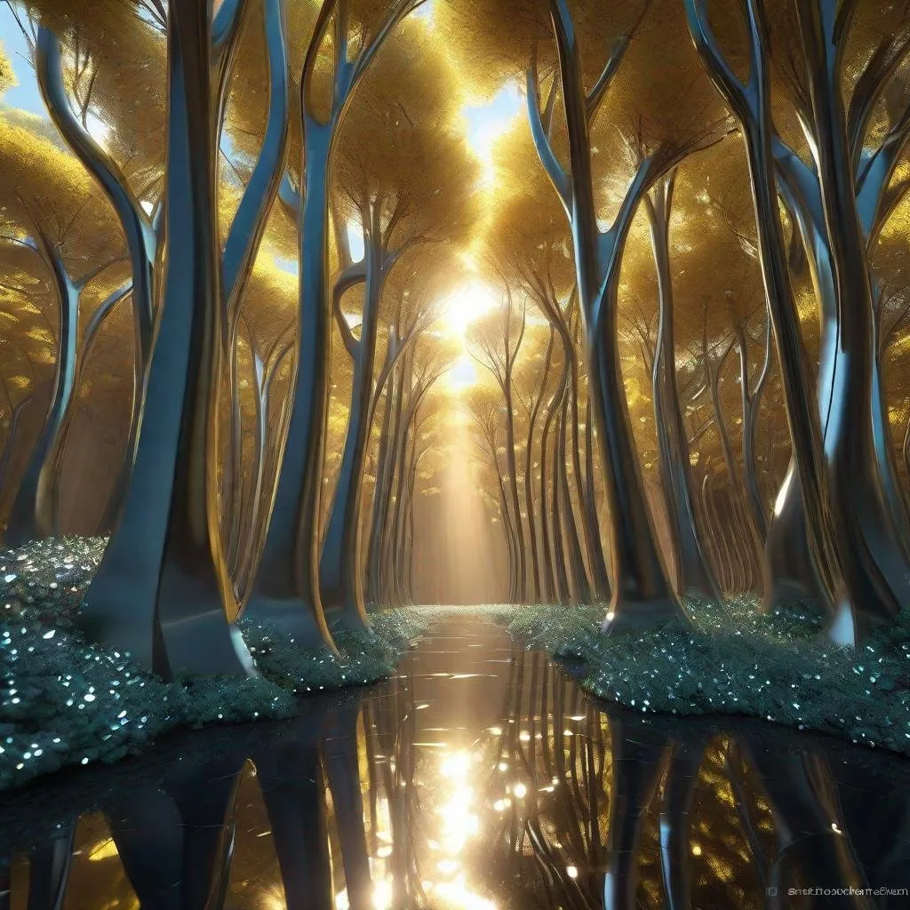 Prompt: forest of shiny metal trees, metallic, reflective, fantasy, , award winning, artstation, trending on artstation,  