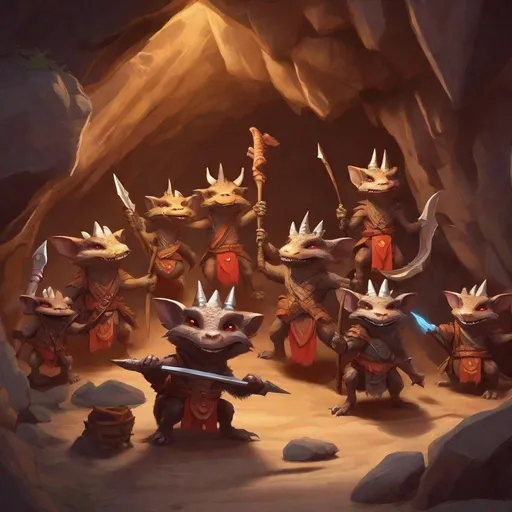 Prompt: tribe of small cute scrawny kobolds waving primitive weapons in cave, ragged clothes, with scaled brown skin, long clawed fingers, crocodile jaws, small horns, red eyes, dungeons and dragons, award winning, artstation, fantasy art, stylized,